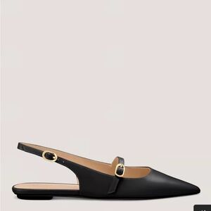 NWB Stuart Weitzman Black Pointed Slingback Mary Jane Flat with Gold Buckles
